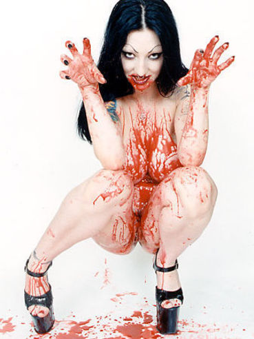 Tattooed Raven Haired Gothic Model Domiana Demonica In Heels Shows Off Her Nude Blood Covered Bo