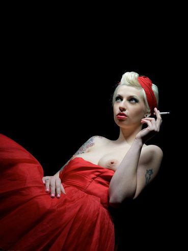 Tattooed Blonde Lynn Pops In Long Red Dress Smokes And Shows Her Natural Tits