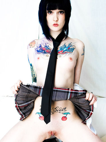 Raven Haired Alternative Schoolgirl Melodie Gore With Tiny Tits Shows All Her Tattoos